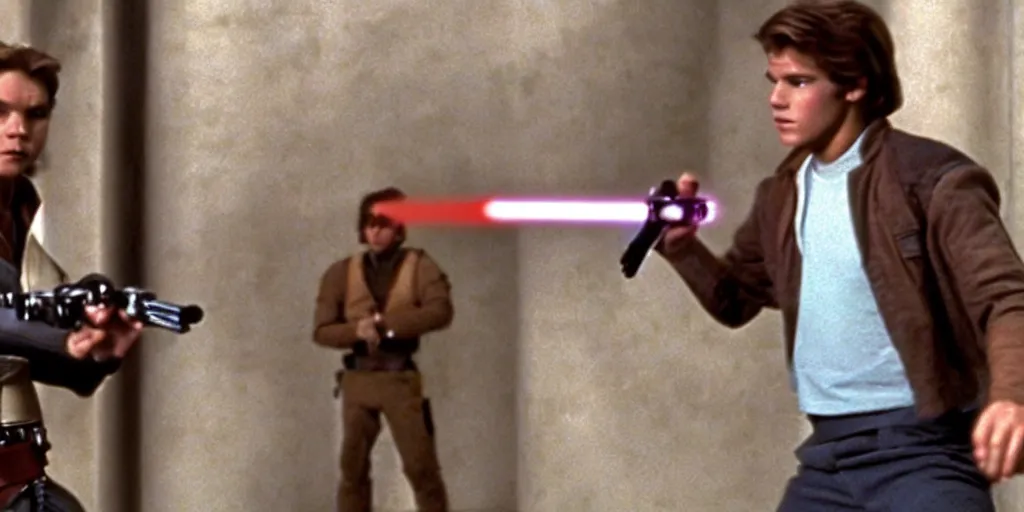 Image similar to A full color still from a film of a teenage Han Solo as a Jedi padawan holding a lightsaber hilt, inside a sci-fi building, from The Phantom Menace, directed by Steven Spielberg, 35mm 1990