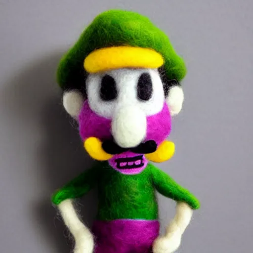 Image similar to a needle felted waluigi, needle felting art.