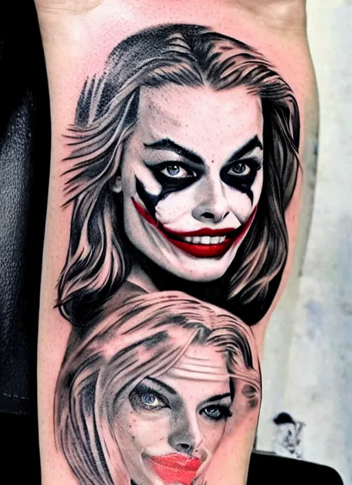 Image similar to tattoo design of beautiful margot robbie with a little smile with joker makeup and holding ace card, in the style of den yakovlev, realistic face, black and white, realism tattoo, hyper realistic, highly detailed
