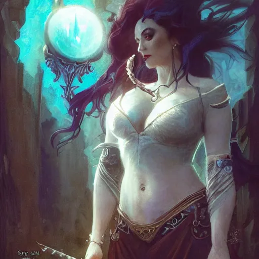 Image similar to a villainous, bewitching sorceress, auburn outfit, black hair, curvy crossfit build, fantasy character portrait by greg rutkowski, gaston bussiere, larry elmore