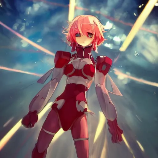 Image similar to digital anime art, wlop, rossdraws, sakimimichan, > > very small cute girl < < standing on a large wooden table, red mech arms + red mech legs,