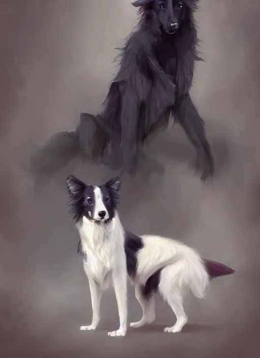 Image similar to wide angle beautiful full body portrait of a strong male anthropomorphic anthro border collie fursona wearing an evening gown and sitting in a parlor room, character design by charlie bowater, henry asencio, and ross tran, furry art, furaffinity, beautiful, glamor pose, detailed, aesthetic, trending on artstation