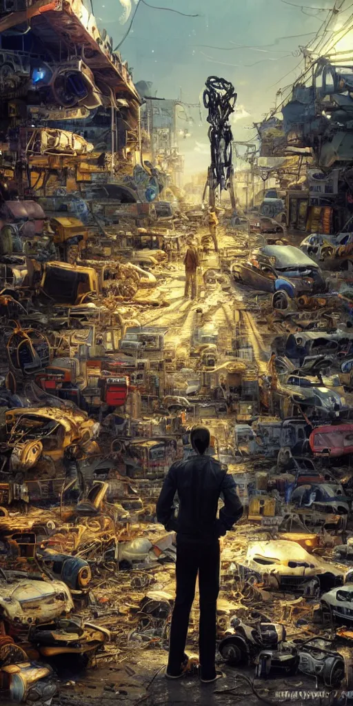 Image similar to concept art of a humanoid standing in a junkyard, back - view, technology screens glowing, hyper maximalist, matte painting, ultra detail, concept art, hyper realistic, cgsociety, hyper maximalist, artstation, cgsociety, style by jon foster and feng zhu and tyler edlin, octane render, anime style