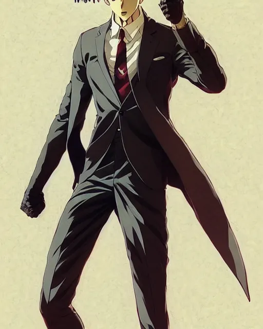 Image similar to one punch man in a suit as gigachad, fantasy character portrait, ultra realistic, concept art, intricate details, highly detailed by greg rutkowski, ilya kuvshinov, laurie greasley, gaston bussiere, craig mullins, simon bisley