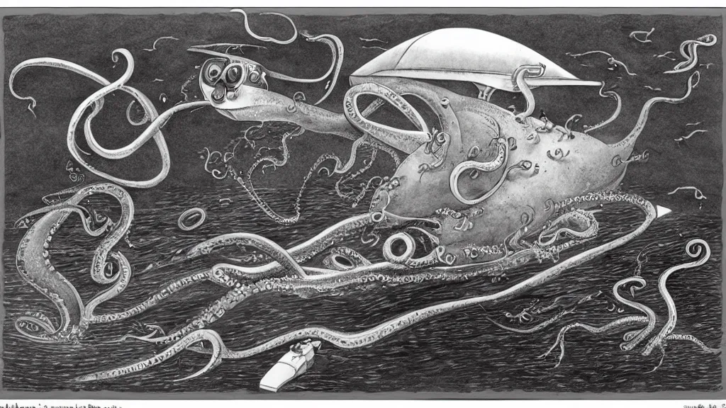 Prompt: submarine and giant squid