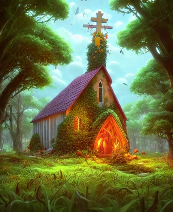 Image similar to a simple, whimsical church made from food, overgrown with huge exotic fungus, deep in the woods, cheerful, stormy, by dan mumford, yusuke murata, makoto shinkai, ross tran, dreamy, cinematic, unreal engine, cel shaded, featured on artstation, pixiv