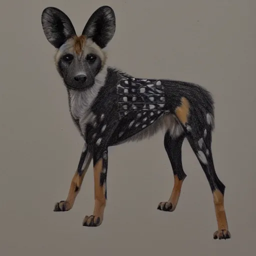 Prompt: A drawing of an African wild dog wearing a jacket.