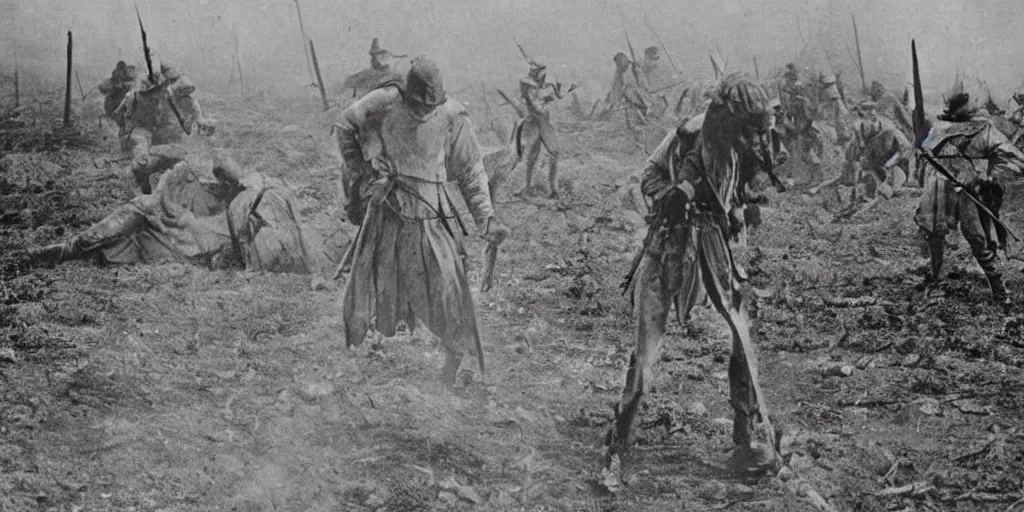 Image similar to scary unproportionable tall ghost creature in the middle of a battlefield, 1900s picture