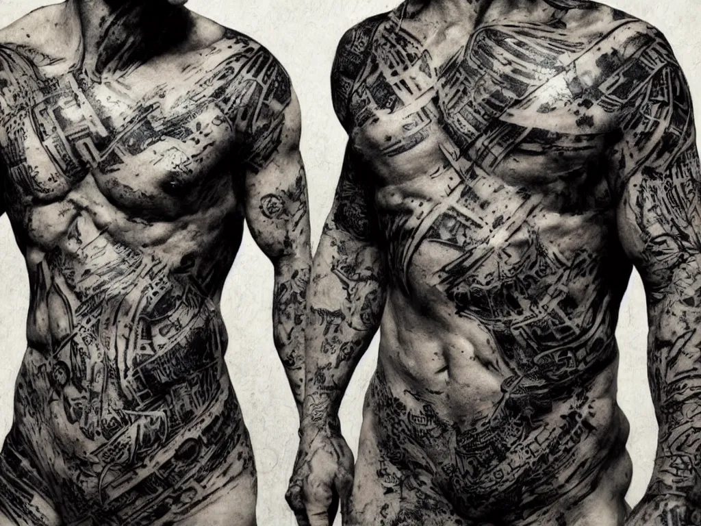 Prompt: front portrait of a muscular torso covered in runic tattoos front view, art by Ruan Jia , Moebious, Craig Mullin, and Nick Knight