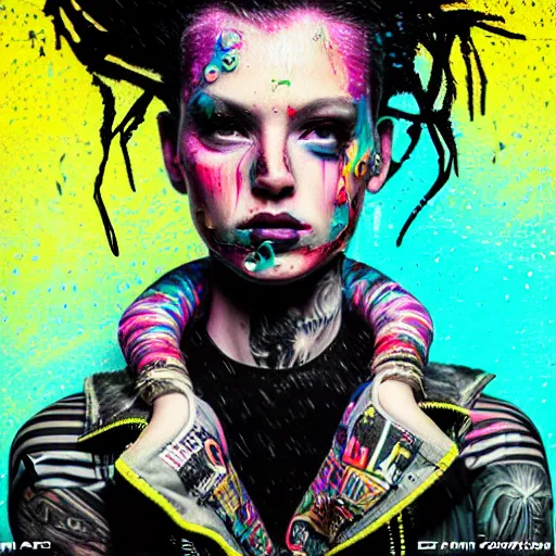 Image similar to splashes of neon clouds, mowhawk, punk women portrait made out of paint with rain in the background, trending on artstation, epic composition, emotional, beautiful, rendered in octane, highly detailed, realistic, tim burton comic book art, sharp focus, matte painting, unreal engine