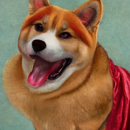 Prompt: potrait of red akita inu dog dressed as a queen in an ornate dress, renaissance painting