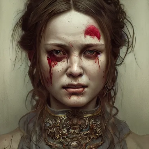 Prompt: portrait painting of a bloodied north russian female butcher, ultra realistic, concept art, intricate details, eerie, highly detailed, photorealistic, octane render, 8 k, unreal engine. art by artgerm and greg rutkowski and alphonse mucha