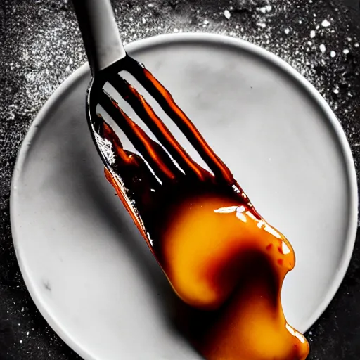 Image similar to beautiful viscous honey dripping on fork made of crimson - black metal, hyper realistic, award winning slow - motion food photography