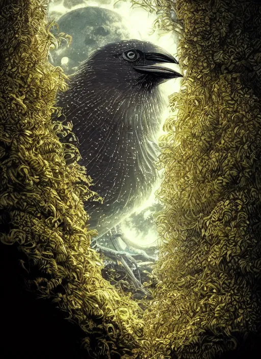 Image similar to glowing silver and golden elements, full close-up portrait, ghibli crow, book cover, green forest, white moon, establishing shot, extremly high detail, photo-realistic, cinematic lighting, pen and ink, intricate line drawings, by Yoshitaka Amano, Ruan Jia, Kentaro Miura, Artgerm, post processed, concept art, artstation, matte painting, style by eddie mendoza, raphael lacoste, alex ross