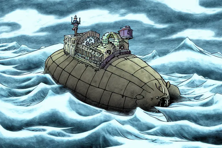 Image similar to cell shaded cartoon of a giant lovecraftian mechanized grey seal from howl's moving castle ( 2 0 0 4 ), in an icy river, full body, wide shot, very muted colors, post grunge, studio ghibli, highly detailed, deviantart, art by artgem