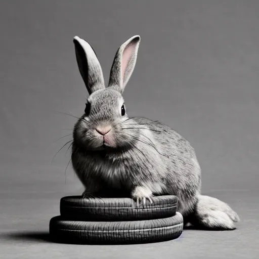 Image similar to a cute bunny sitting on a tire, studio photo, high quality