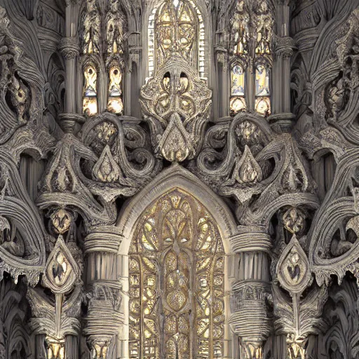 Image similar to a beautiful hyperrealistic 3 d render of an ivory sculpture of an ornate detailed cathedral populated by mandelbrot fractals, micro detail, 8 k, unreal engine, volumetric lighting, octane renderer, catholicpunk, colorful, physically based rendering, carved soap, trending on cgsociety