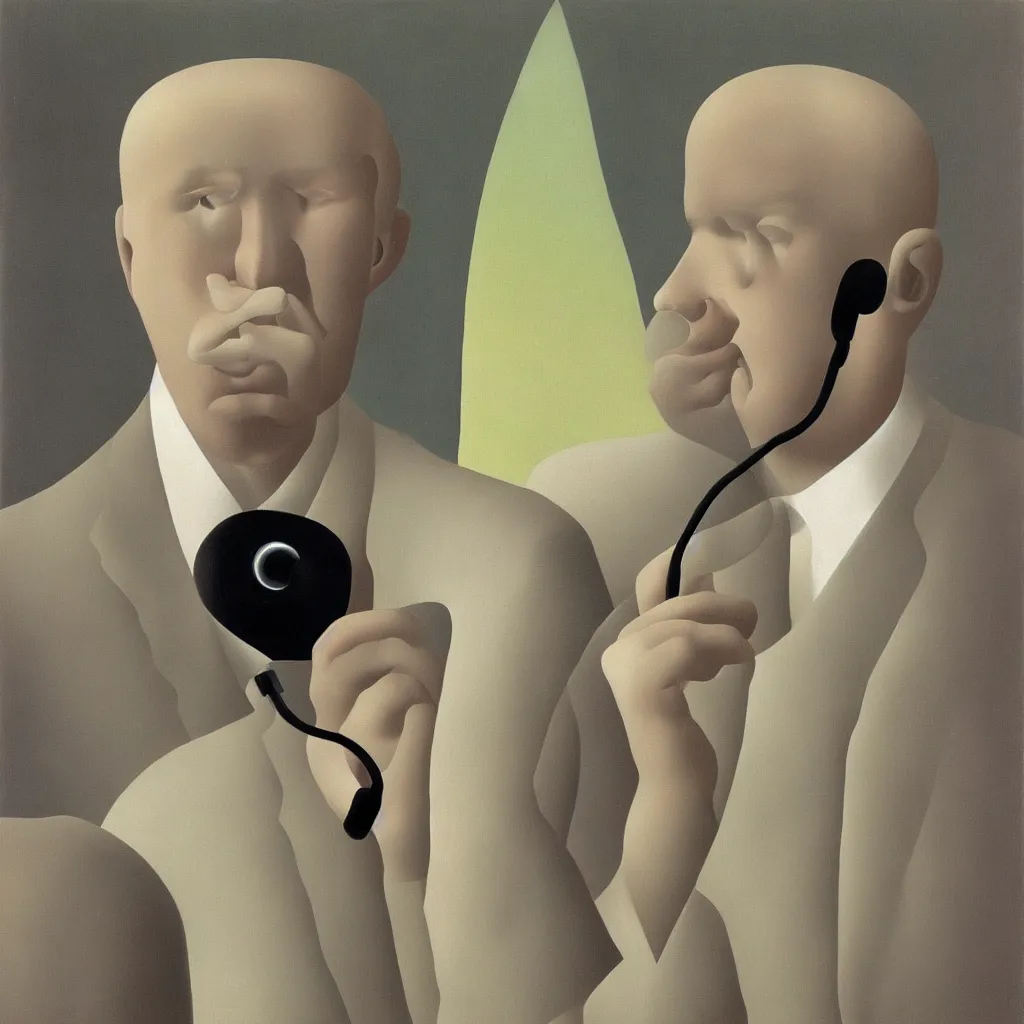 Prompt: i, a man wearing headphone and playing his iphone, by rene magritte