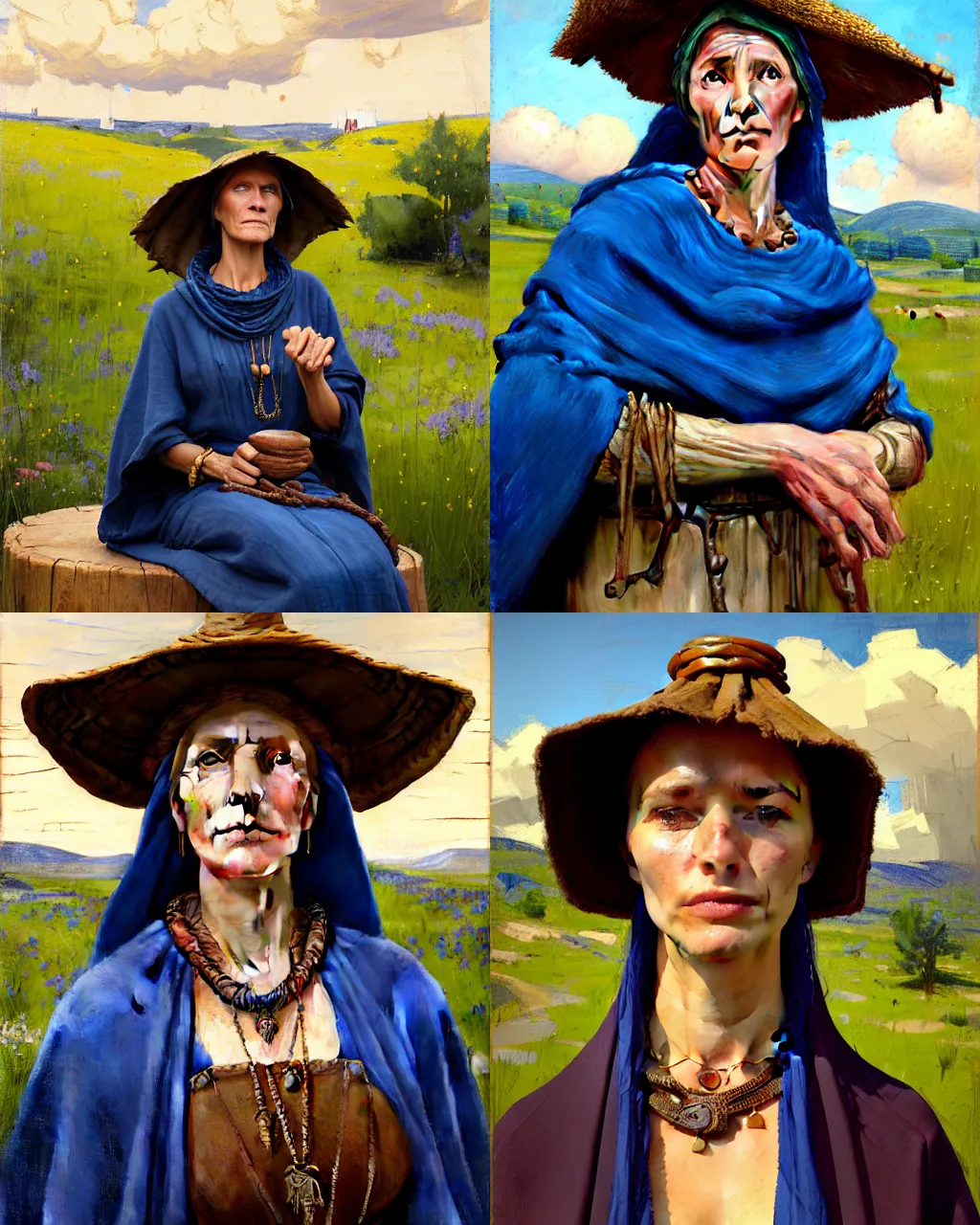 Image similar to portrait of medieval farmer woman with wooden jewelry, mediterranean features, wearing rich jewerly hat and deep blue boho poncho, fantasy character close up portrait, sitting dynamic pose, Low poly, thunder clouds in the sky, artwork by Jeremy Lipkin and Giuseppe Dangelico Pino and Michael Garmash and rob rey, levitation, industrial rusty pipes, simple form, brutal shapes