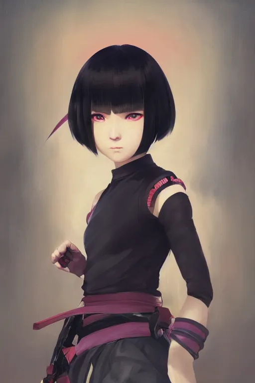 Prompt: a portrait of a cute young female ninja with black bob cut hair, samurai setting, vivid colors, soft lighting, atmospheric, cinematic, moody, in the style of Ilya Kuvshinov and Range Murata, Krenz Cushart, oil on canvas, 8k