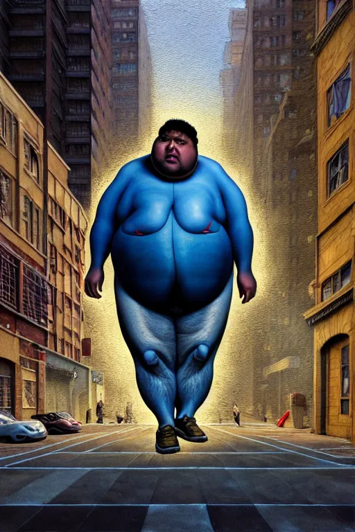 Prompt: hyperrealistic mixed media painting of a morbidly obese man, full body, on an empty city street at midnight, shame, stunning 3d render inspired art by P. Craig Russell and Barry Windsor-Smith + perfect facial symmetry + dim volumetric lighting, 8k octane beautifully detailed render, post-processing, extremely hyperdetailed, intricate, epic composition, grim yet sparkling atmosphere, cinematic lighting + masterpiece, trending on artstation, very very detailed, masterpiece, stunning