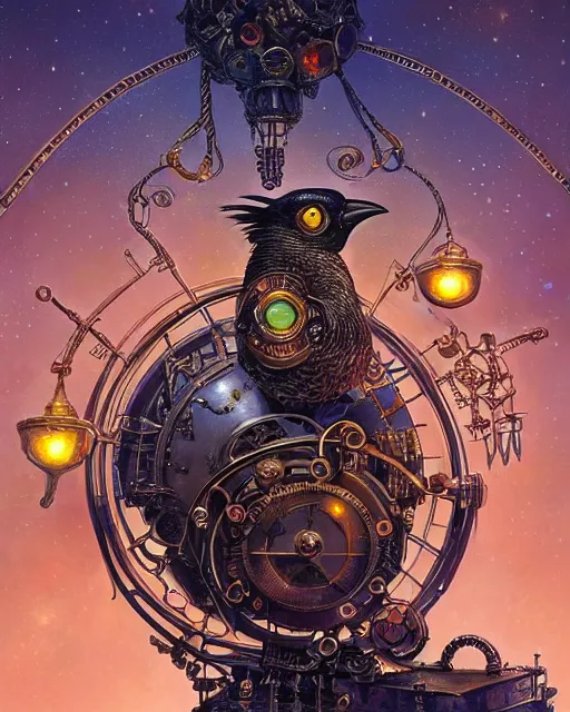 Image similar to a stunning fantasy portrait of an art - deco mechanical steampunk crow, closeup | highly detailed | very intricate | disney | artdeco steampunk | dramatic magical | bokeh moon stars | professional cinematic lighting | award - winning | painted by beeple and donato giancola and rhads | richcolor palette | featured on artstation