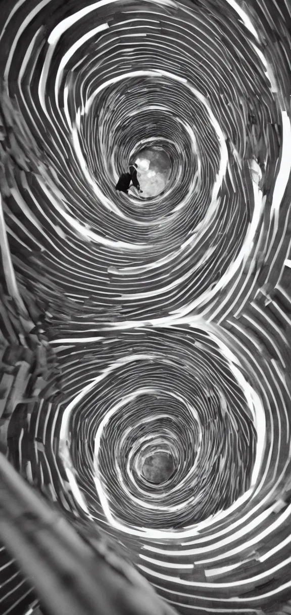 Prompt: A young adventurer going up a staircase leading to an abstract vortex that bends time and space