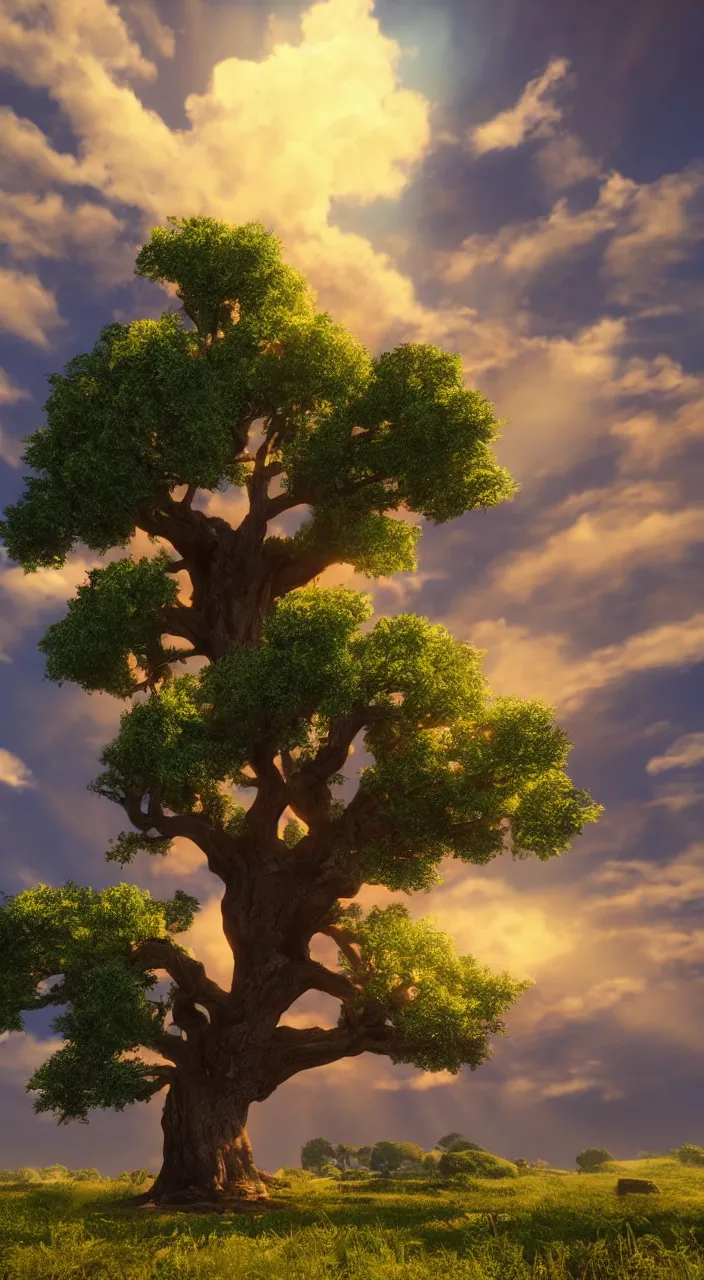 Image similar to a gigantic oak reaching the sky, detailed clouds, sunbeams, heavenly color scheme, unreal engine