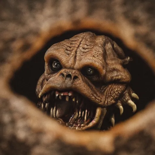 Image similar to rancor eating a bone, moody lighting, shallow depth of field,