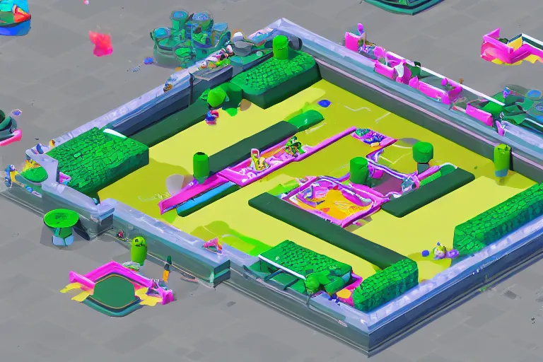 Prompt: isometric view of a splatoon 2 level, inspired by modern skate parks and modern chinese playgrounds in the style of splatoon, day