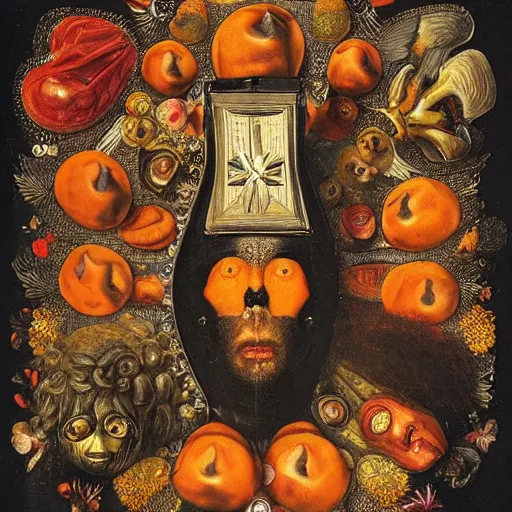 Image similar to album cover, religious reliquary, black, white, orange, psychedelic, giuseppe arcimboldo