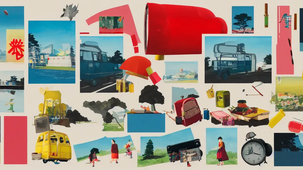 Image similar to an arrangement of picnic traveller props, japan, a collage painting, in the style of wes anderson, lola dupre, david hockney, isolated on negative white space background dark monochrome neon spraypaint accents volumetric octane render