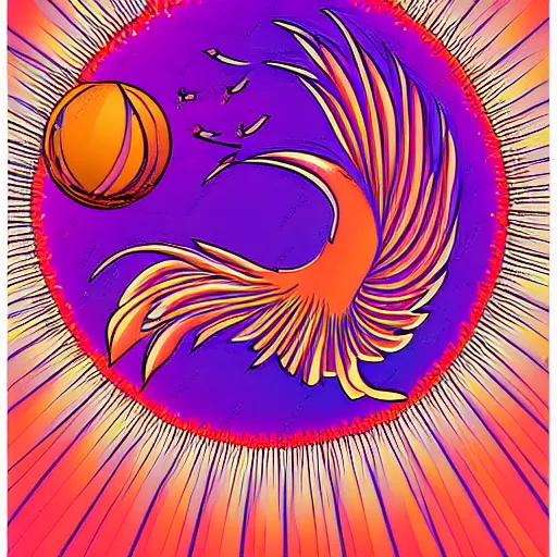 Prompt: phoenix salt bird round composition rebirth orange purple symbolism swirl tail feather graphic design