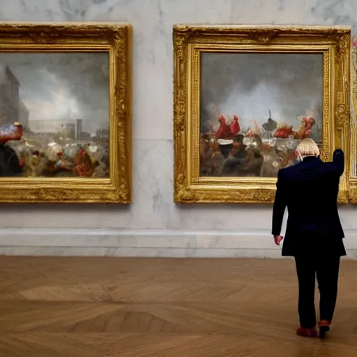 Image similar to Boris Johnson angrily throws tomatoes at paintings in the louvre