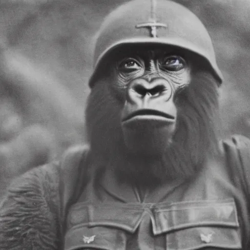 Prompt: a Gorilla soldier, ww2, war photo, film grain.