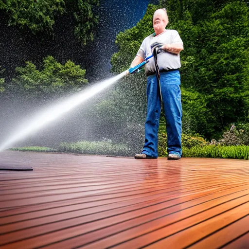 Image similar to john lithgow power washing his deck, ( sony a 7 r iv, symmetric balance, polarizing filter, photolab, lightroom, 4 k, dolby vision, photography awardm, voque, perfect face )