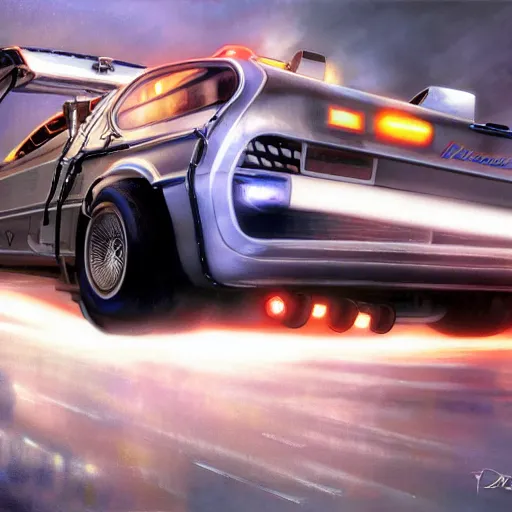 Image similar to a formula 1 from the future, nuclear powered, racing with doc's delorean detailed, artstation, concept art, donato giancola, joseph christian leyendecker, wlop, strong eyes, highest resolution, extremely detailed | beautiful, establishing shot, artistic, hyperrealistic, enhanced hands, octane render