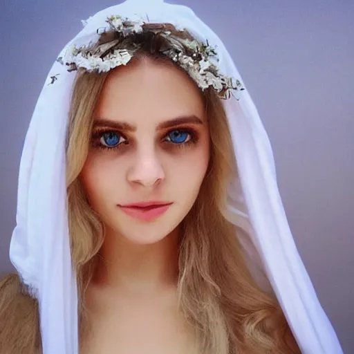 Prompt: goddess, mother god, beautiful, majestic, beautiful blue big eyes, long blond hair, dressed with white silk and head veil, goodness, love light life, grace, goodness, sweet, intelligent, sparkles of light on his head, blue sky