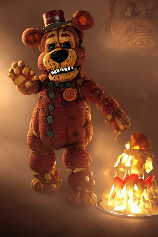 Image similar to freddy fazbear pizzaria, ultra realistic dark and horror, concept art, intricate details, highly detailed, photorealistic, octane render, 8 k