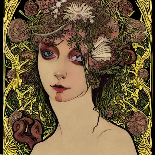 Image similar to a beautiful detailed front view portrait of a rotten woman corpse with fractal plants and fractal flowers and mushrooms growing around, symmetrical, ornate, ornamentation, illustration, in the style of art nouveau, mucha