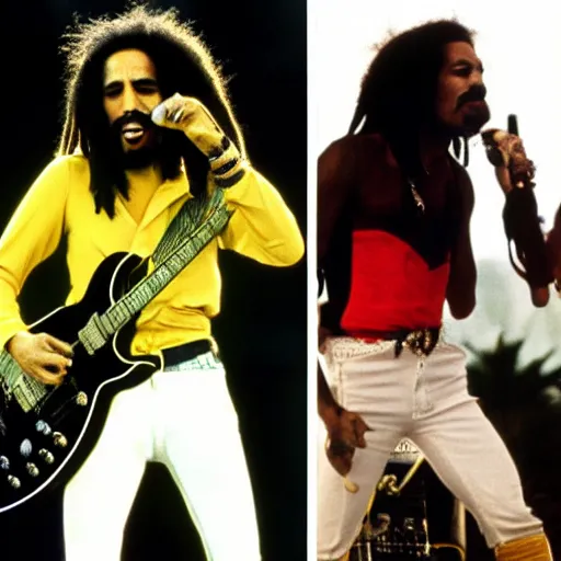 Image similar to bob marley and freddie mercury from queen performing at coachella, color photos, live concert