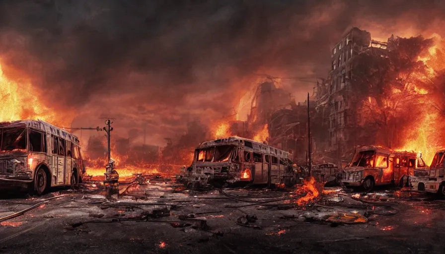 Image similar to A detailed render of a post apocalyptic scene of Fire and explosions on the 3rd precinct, burned down city buses on fire, sci-fi concept art, lots of fire, panic, dark, clouds, 8k, high detail, advanced rendering whimsically designed art, 4k post-processing highly detailed, Soft illumination