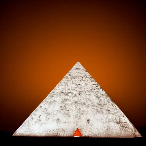 Image similar to a small glowing orange pyramid floating above an open palm, dark lighting