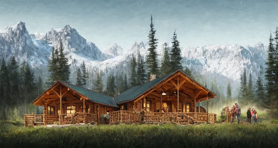 Image similar to cabela's beautiful comfortable modular pop - up insulated all terrain family dwelling, cabin,, person in foreground, mountainous forested wilderness open fields, beautiful views, painterly concept art, joanna gaines, environmental concept art, farmhouse, magnolia, concept art illustration, by james gurney, by craig mullins, by greg rutkowski trending on artstation