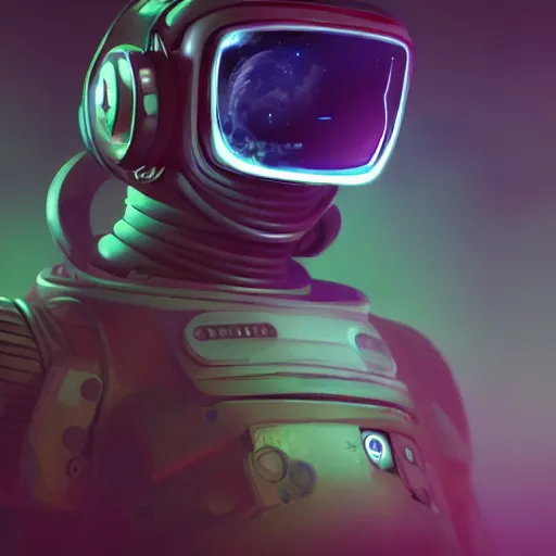 Image similar to cyberpunk astronaut bot, cinema 4 d, galaxy, ufo, space sci - fi, wearing vr goggles, illustration, portrait, pastel neon textured background night, trending on artstation, greg rutkowski, octane rendered, 1 2 k, detailed,