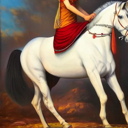 Image similar to a painting of a!! kurdish!! woman riding a beautiful white horse, an oil on canvas painting by raja ravi varma, award winning art, featured on deviantart, qajar art, detailed painting, oil on canvas, acrylic art, extremely detailed, incredibly intricate, elegant