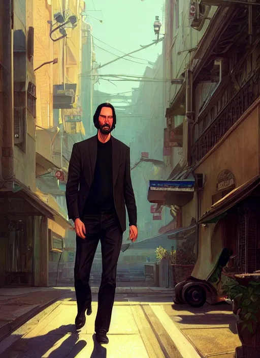 Image similar to highly detailed portrait of keanu reeves in gta v, stephen bliss, unreal engine, fantasy art by greg rutkowski, loish, rhads, ferdinand knab, makoto shinkai and lois van baarle, artgerm, pixar, ilya kuvshinov, rossdraws, tom bagshaw, global illumination, radiant light, detailed and intricate environment