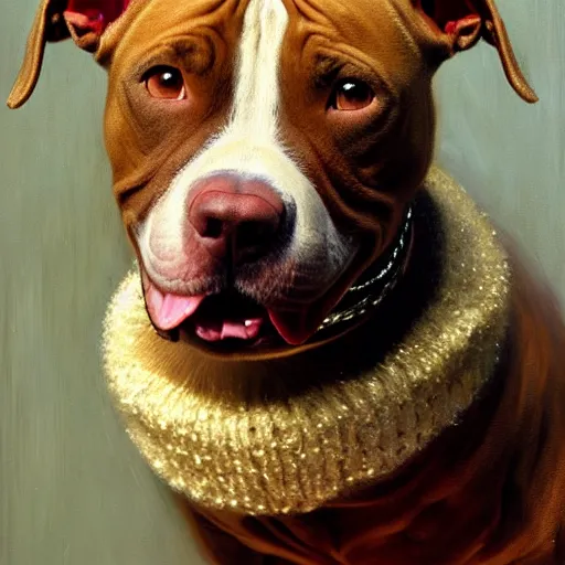 Image similar to a portrait of a female pit bull wearing a sweater and smiling at the viewer. highly detailed painting by gaston bussiere, craig mullins, j. c. leyendecker 8 k