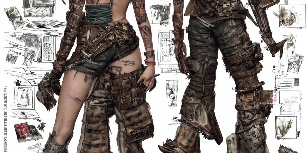 Prompt: ana de armas as a tattooed armored wanderer pinup, wearing scratched and ripped leather shorts and a short jacket full of stamps and stitches, character sheet, fine details, concept design, contrast, kim jung gi, greg rutkowski, trending on artstation, 8 k, full body, turnaround, front view, back view, ultra wide angle