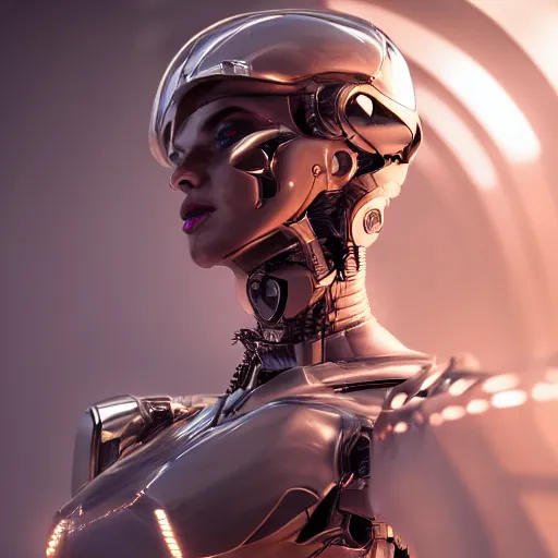 Prompt: masterpiece closeup portrait of a beautiful girl cyborg-armored in a surreal dream landscape, cinematic lighting, Marco Plouffe, 8k